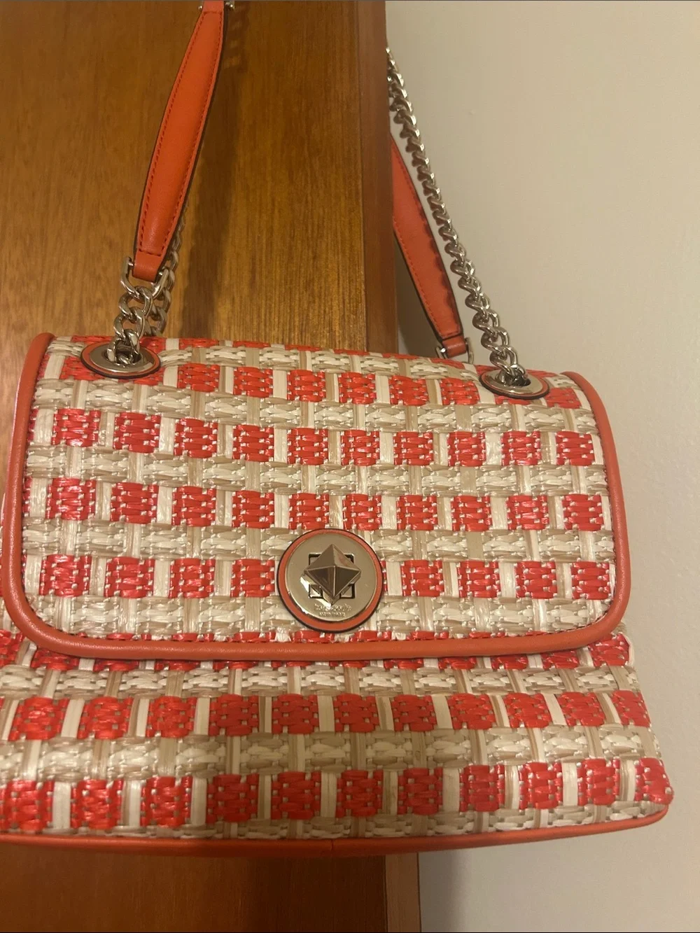 kate spade Orange and Off White Woven Shoulder Bag with Chain Strap
